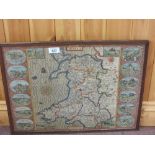 A John Speed coloured map of Wales, printed date 1610 in double sided frame,