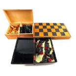 A chess board and marble chess men plus Japanese lacquer and wooden box with chess sets