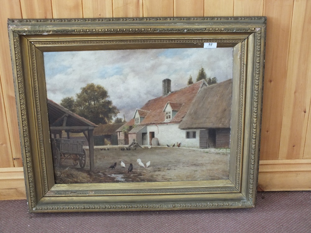 Oil on canvas of a farmhouse and chickens,