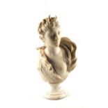 A Carrara marble bust of a lady and goddess with horns on socle, signed E.