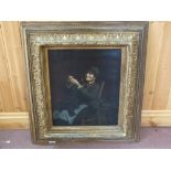 A 19th Century oleograph of a seated lady sewing in heavy gilt frame,