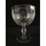 A large fern engraved glass goblet with Silver three pence piece in stem,