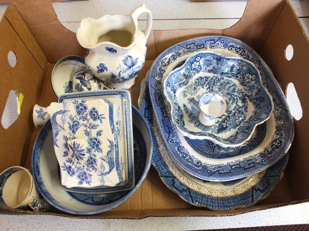 A quantity of Victorian and other blue and white china including Willow meat plates and various - Image 2 of 2