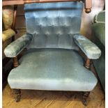 A Victorian Applewood dining chair with blue button back velvet upholstery