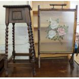 An Oak barley twist plant stand and bamboo glazed and painted firescreen and a stained folding