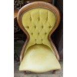 A Victorian Mahogany spoon back nursing chair with gold button back draylon upholstered