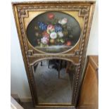 A gilt framed overmantel mirror with painted floral panels