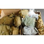 A collection of eleven various gas masks with bags