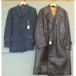 A full length military style brown leather coat with a post war R.A.F.
