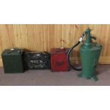 A Castrol Semi Rotary Oil dispenser, two petrol cans,