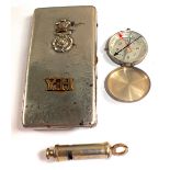 An as found trio of WWI items including 1915 date whistle and a Yorkshire Hussars cigarette case