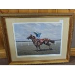 An S.L.Crawford Lester Piggott signed print and four other pictures, two limited editions by M.J.