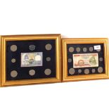 Six framed world coins and notes