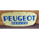 A double sided Peugeot service sign plus one other,