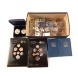 Two cased Trafalgar £5 pieces plus other GB coins, sets and loose,