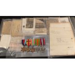 A WWI mounted medal group of five with ephemera, photos etc to Kemp,