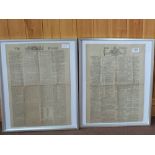 Framed first copy of The Times 1/1/1788 and 7/11/1805 reporting the Battle of Trafalgar