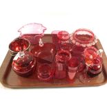 Various Cranberry glass bowls and glasses etc