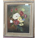 An oil on board of a floral still life plus three other paintings