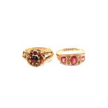 A 9ct Gold red stone and Seed Pearl set ring together with a 9ct Gold Garnet cluster ring