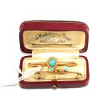 A Turquoise and Seed Pearl set bar brooch (leaf form) with a 14ct Gold Turquoise and Seed Pearl set