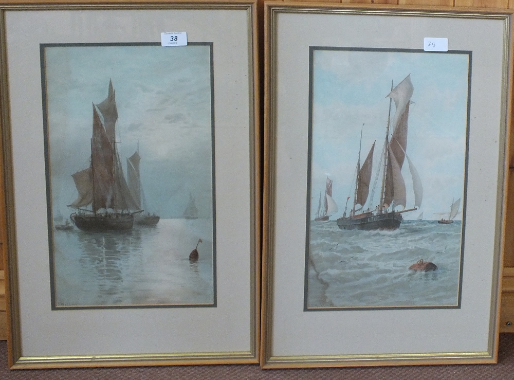 Watercolour of fishers mending nets plus five other nautical pictures