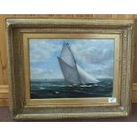 Oil on canvas of a sailing yacht, 12" x 16", indistinct monogram,