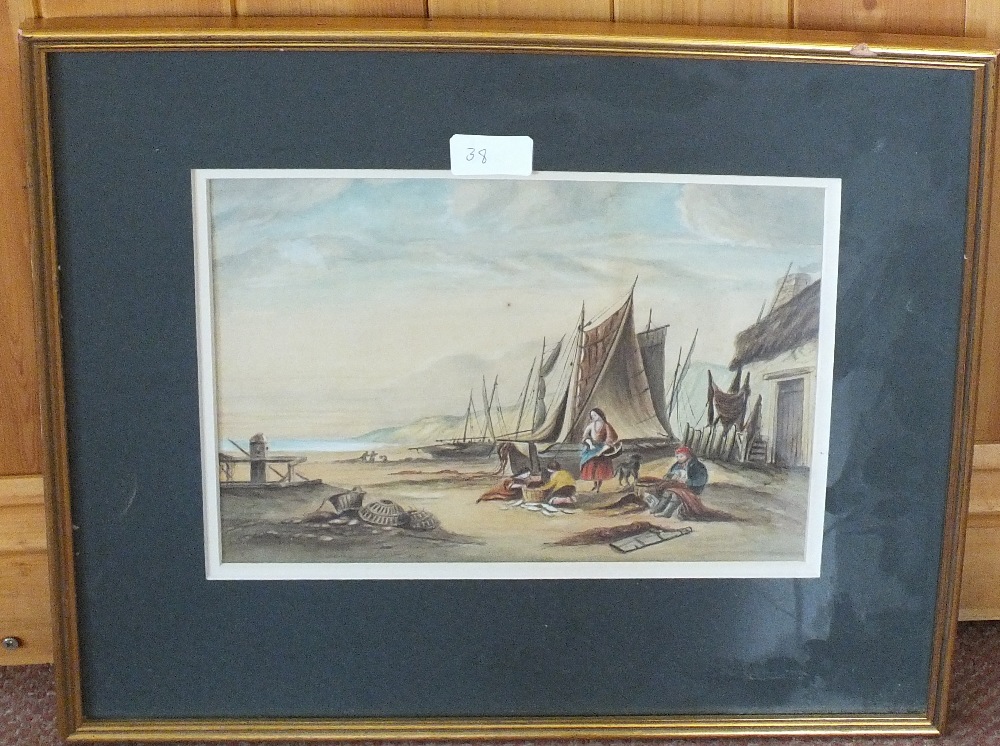 Watercolour of fishers mending nets plus five other nautical pictures - Image 5 of 5