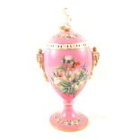 A 19th Century Paris porcelain pink ground floral lidded vase (lid repaired),