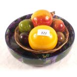 A large coloured bowl with birds and a basket of Victorian coloured glass fruits