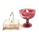 A Bohemian red glass Tazza with lions and tigers etched plus a Silver plated butter dish