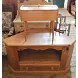 A Pine TV unit and work box on stand with sewing contents