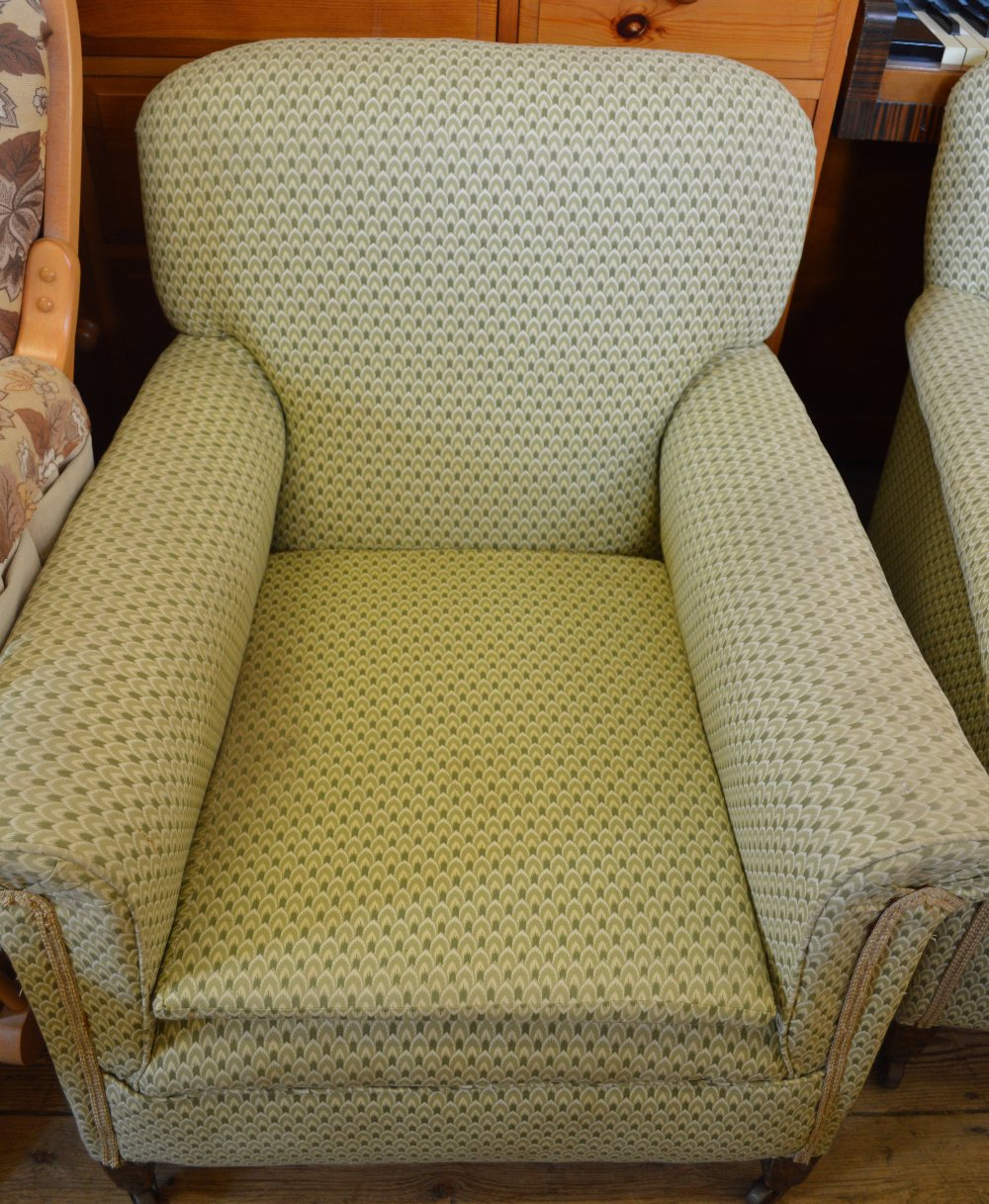 A pair of Edwardian green and cream upholstered armchairs - Image 2 of 2