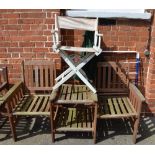 Various garden items including two wooden benches, folding director's chair,