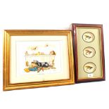 A group of three pictures including a framed display of fishing flies