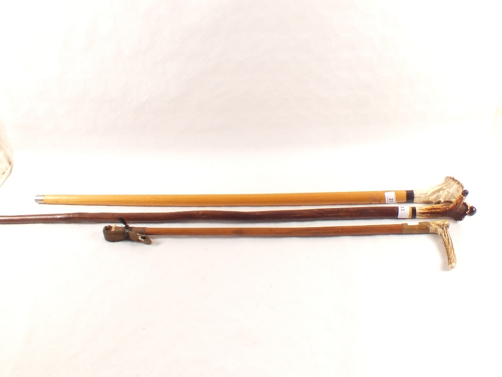 Two walking sticks with Deer Horn tops and a vintage riding crop - Image 2 of 2
