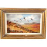 An original oil on board of Grouse in Flight by Richard Robjent, signed lower right, 8 1/2" x 14",