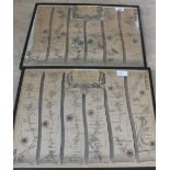 Two framed Ogilvies road maps, Exeter to Barnstable and Dartmouth to Minehead,