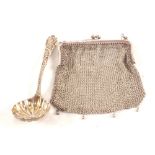 A Silver mesh purse marked 925 and a Silver sifter spoon