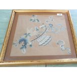 A Chinese silk floral picture and a 19th Century English village scene on silk in Maple frame