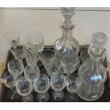 A cut glass Silver rim bowl and decanters plus glasses etc (two trays)