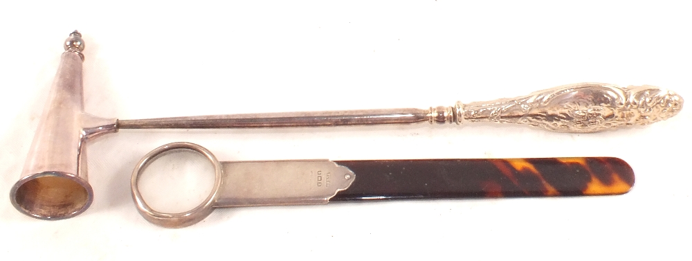 A Silver handled snuffer plus a tortoiseshell and Silver paperknife with magnifying glass