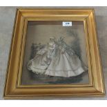 A framed three dimensional display of two Victorian ladies in silk and lace dresses,