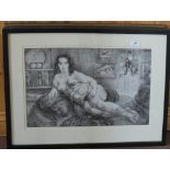 A pencil drawing of an unclad recumbent large lady,