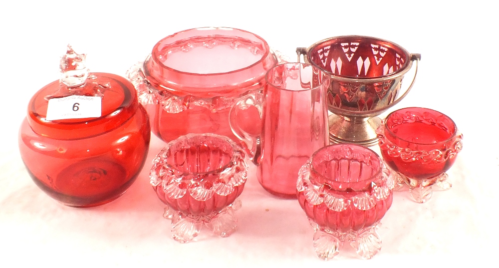 Various cranberry glass bowls etc