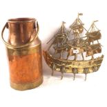 Brass galleon coat hooks plus a Brass and Copper pot