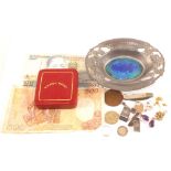 A German pewter dish iridescent enamel plaque to bottom, a pair of Silver shipping cufflinks,