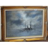 An oil on board of ships of Great Yarmouth by Ricky Botweigth,