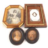 A cameo on a Mother of Pearl plaque and three 19th Century miniature prints
