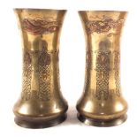 A pair of 19th Century Japanese Brass vases with three colour metal inlays and phoenix decoration